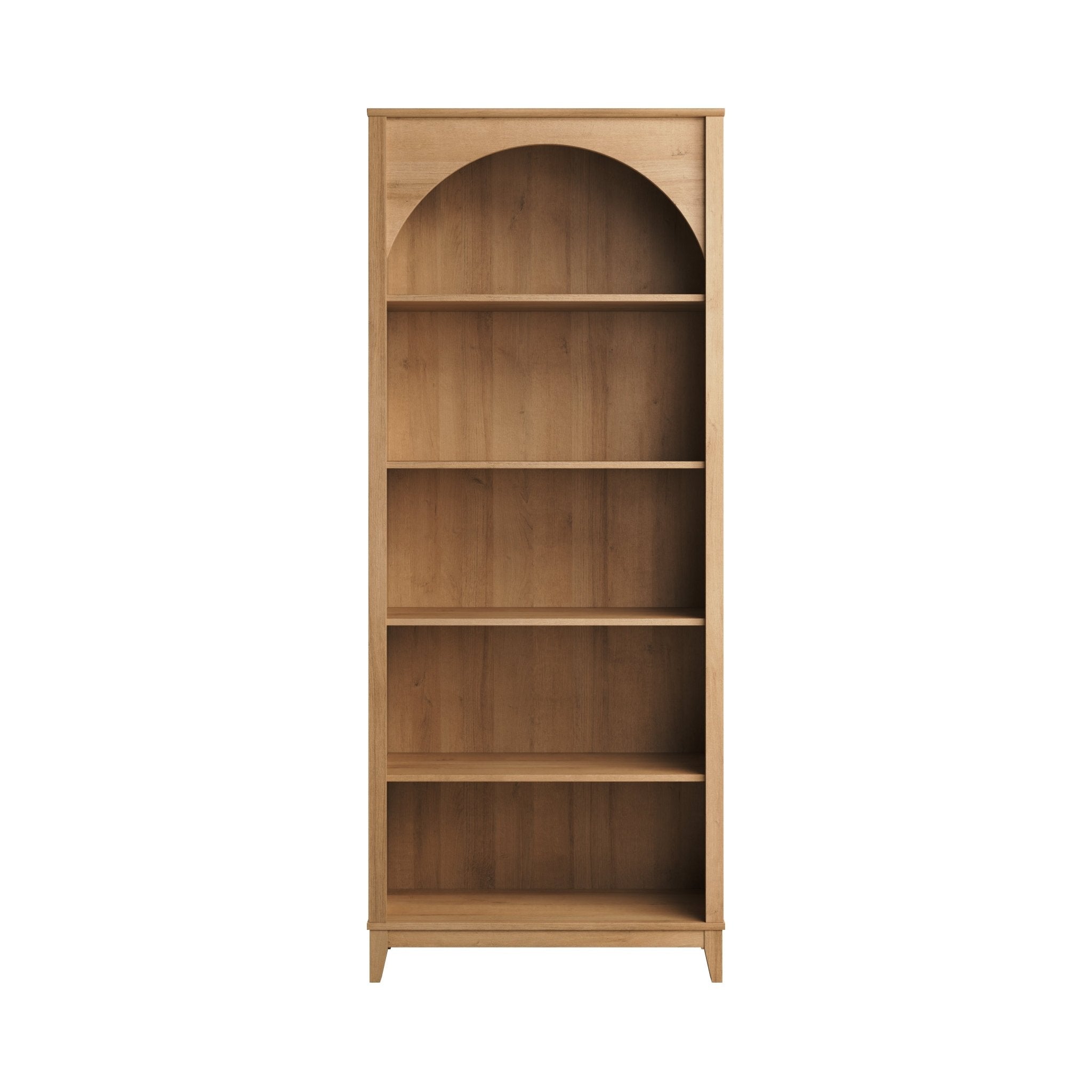 Prepac Ark 78 in. Tall Black Oak and Natural Oak Engineered Wood 5-Shelf Arched Bookcase with Storage for Home Living Room