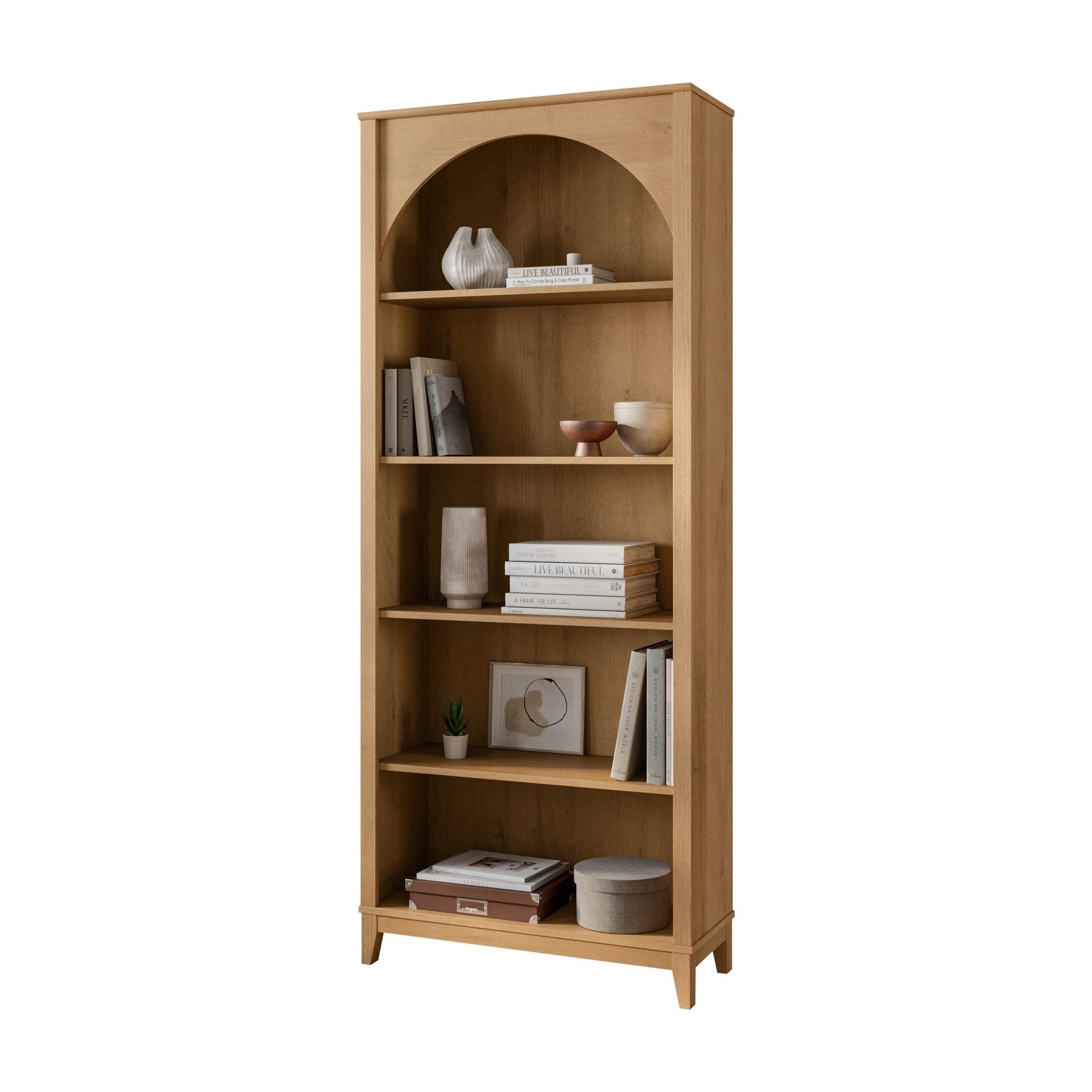 Prepac Ark 78 in. Tall Black Oak and Natural Oak Engineered Wood 5-Shelf Arched Bookcase with Storage for Home Living Room - Thumbnail 3
