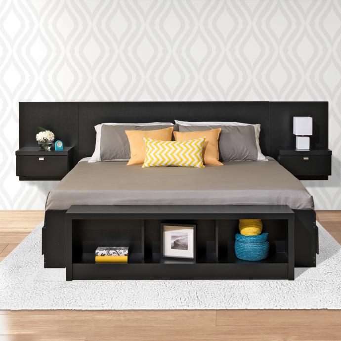 Bed Frame With Floating Nightstands, Modern King Bed With Attached Nightstands